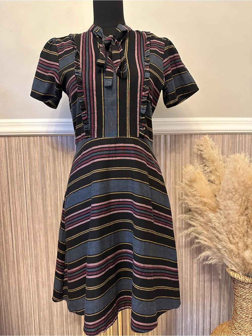 Mata Traders Striped Tie Neck Fit & Flare Dress Small Ruffle Retro Boho Black